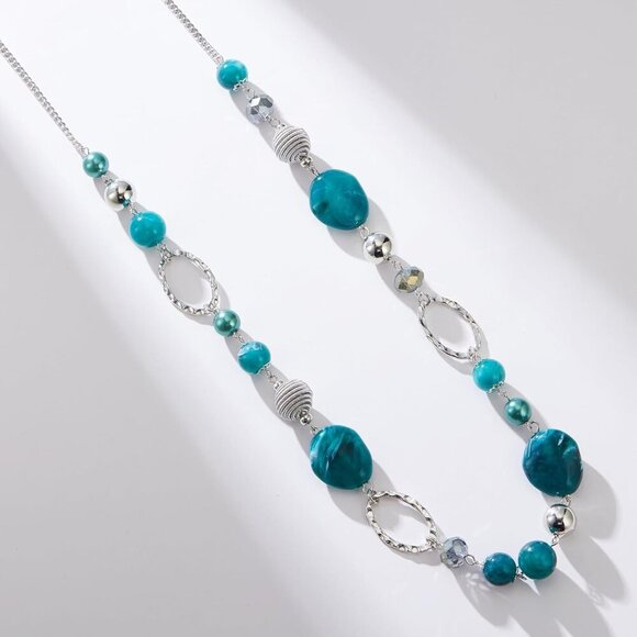 Beaded Long Necklace for Women Silver Sweater Chain Necklace with Crystal Resin - Picture 3 of 6